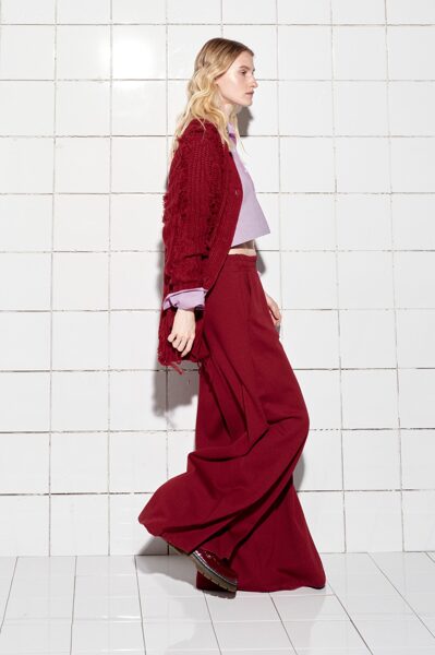 Bordeaux red oversized V-neck cardigan with relief work and fringes, by Lumina